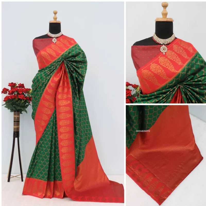 Premium Soft Silk Kanjivaram Saree with Copper Zari Jacquard Weaving & Rich Pallu